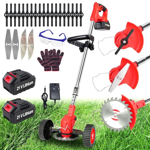 Xbzzgmg Cordless Strimmer, Adjustable Grass Trimmer Telescopic Lightweight Brush Cutter with 2 Batteries and 4 Blade Types of Garden Strimmer, Grass Cutter for Yard, Garden, Sidewalk Edges