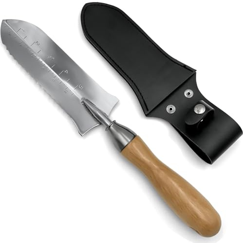 O'Shine Couteau de Jardin Hori Hori 178 mm, Outil de désherbage, de Jardinage, de bêchage, d'ameublissement, de Plantation, de repiquage et d'aménagement paysager, bêche de Jardin avec étui en Cuir