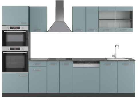 Vicco Küchenzeile R-Line, Blau-Grau, 300 cm | 8 Module · Höhenverstellbare Füße · Ohne Arbeitsplatte · Robuste Fronten · Mit Backofen-/Mikrowellenschrank