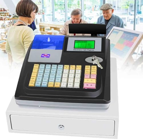 PtaTt Elektronische Registrierkasse, Kommerzielles Registrierkassensystem mit Schubladenbox und Schlüssel, 8-Digital-LED, 48-Tasten, Multifunktions-Registrierkasse für Einzelhandel/Restaurant,Black