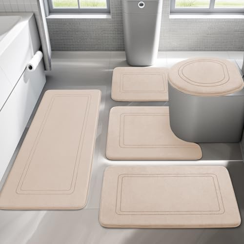 chakme badrumsmatta set i 5 delar, mjuk minnesskum badmatta och U-formad WC matta, badrumsmatta halkfri tvättbar badrumsmatta set beige