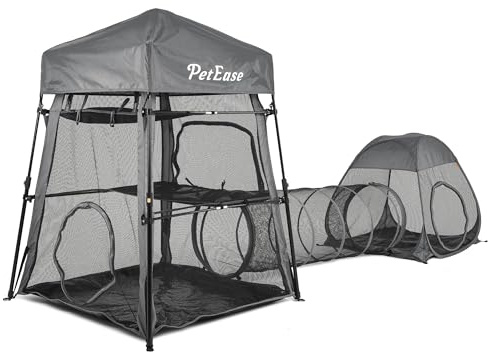 Catio Outdoor Cat Enclosure, 3-in-1 Extra Large Portable Cat Playpen with Tower Tent & Tunnel, Foldable Waterproof Mesh Catio for Indoor Outdoor Cats & Small Pets