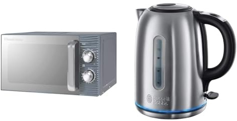 Russell Hobbs RHM1731G Inspire 17L 700w Grey Solo Manual Microwave with 5 Power Levels, Timer & Brushed Stainless Steel Electric 1.7L Cordless Kettle