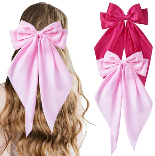 COLANANA 2 Pcs Big Hair Bow,Pink Big Bows for Girls,Bowknot Hairpin French Hair Clips With Long Silky Satin Hair Barrettes Accessories Bow Hair Clips for Women Girl