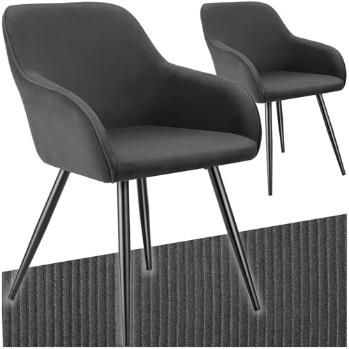 tectake® 2X Esszimmerstuhl, Sessel bequem mit Armlehne, Polsterstuhl, Cord Cocktailsessel, Loungesessel für Wohnzimmer, Esszimmer, Moderne Küchenstühle, Bürostuhl - anthrazit/schwarz