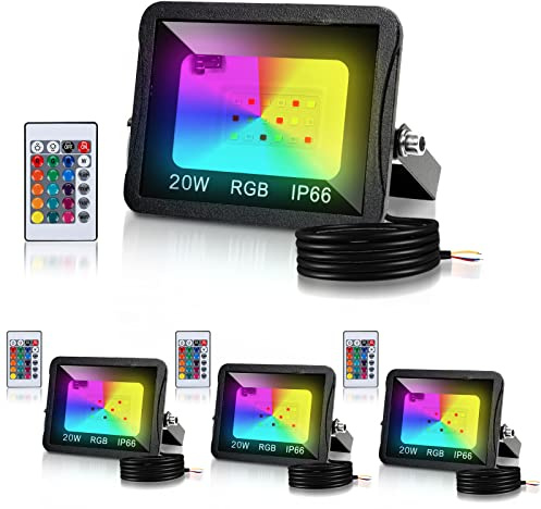 Fiqops RGB LED Strahler Außen 20W 4er, RGB Fluter LED Dimmbar Gartenstrahler mit Fernbedienung 16 Farben 4 Modi IP66 Wasserdicht, Memoryfunktion für Party Außen