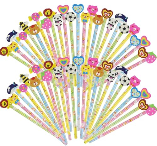 SULOLI 50Pcs Pencils with Rubbers on the End Cute Kids | Cartoon Animal Designs, Macaroon Colours, Party Bag Fillers, Classroom Rewards