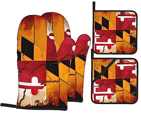 YYHWHJDE Ofenhandschuhe und Topflappen aus Holz mit Maryland-Flagge im Vintage-Stil, 4er-Set: dick und langlebig, verbrühungssicher und wärmeisolierend