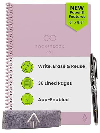 Rocketbook Neues Core wiederverwendbares Spiralnotizbuch, 6 x 8,8, Rosa - linierte Seiten, App-angeschlossen, löschbare, langlebige Hülle, ideal für Schule, Arbeit und Kreatives