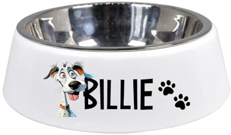 Personalised Stainless Steel Dog Bowl with Pet Name, Quirky Dog and Paw Prints, 18cm Diameter (Dog 2)