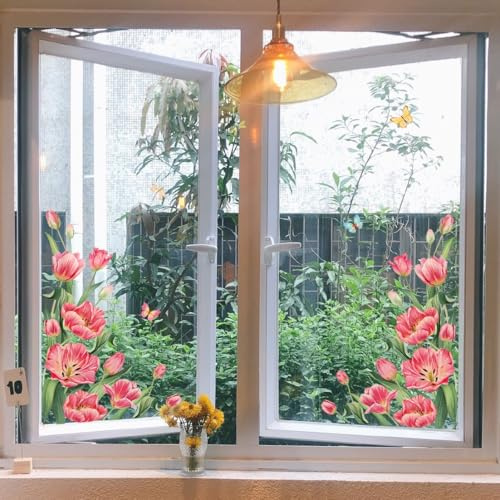 WandSticker4U®- Fenstersticker Blumen TULPEN rot (60x44 cm) I Fensterbilder Frühling selbstklebend Blumen Wohnzimmer Schlafzimmer Bad Küche I Frühlingsdeko Fenster Deko Aufkleber wiederverwendbar