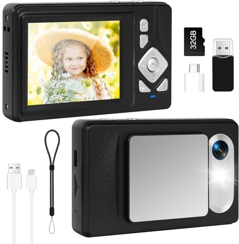 Digitalkamera 4K - 48MP UHD Kompakt Digitalkamera mit 2.8“ LCD Bildschirm und 18X Digitalzoom Anti-Shake Fotografie Vlogging Kamera mit 32gb SD Karte für Kinder Studenten Anfänger Teen (Schwarz)