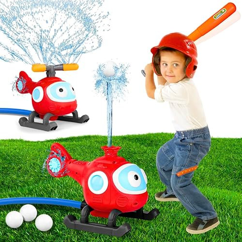 SGM Y8698, 2-in-1 Water Sprinkler Baseball Helicopter Toy, Garden Hose Attachment, Outdoor Lawn Pool Party Game, Summer Splash Toy for Kids Boys Girls Ages 3-8, Backyard Sports Gift