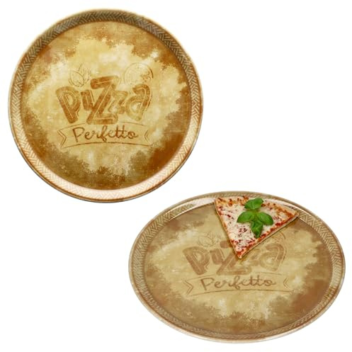 MamboCat 2er Set Perfetto Pizzateller Ø 31,5 cm I Gelb I für 2 Personen I rustikale Porzellan-Teller für Pizza, Flammkuchen & mehr I große Speiseteller mit Dekor & Schrift, Servierplatte