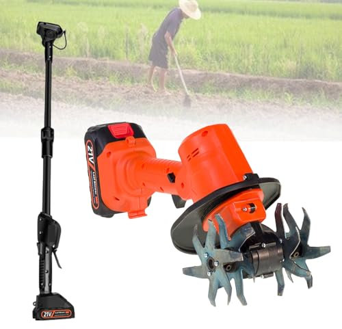Electric Garden Rotavator, 21V Cordless Mini Tiller Cultivator, Handheld Soil Cultivator, 235RPM with 4 Rows of Tines, 10Cm Tilling Width,10cm Working Depth,With1.3mExtension-2batteries