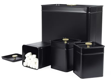 Salter Alchemy Conjunto de Encimera de 4 Piezas - Panera y 3 Contenedores de Almacenamiento, Latas para Té, Azúcar, Café, Acero al Carbono con Recubrimiento en Polvo, Negro/Oro