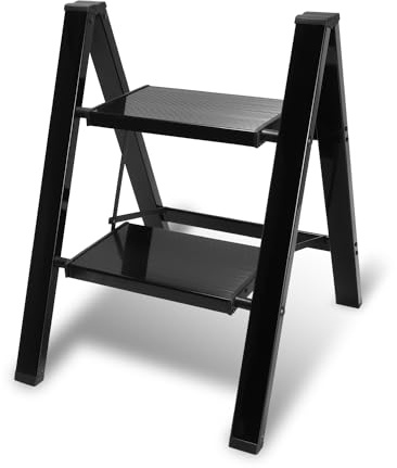 Peviasot - Scaletta pieghevole a 2 gradini, leggera, in alluminio, antiscivolo, con chiusura pieghevole, per casa, cucina, portata fino a 150 kg, colore: Nero