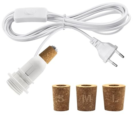 Kit Lampe Bouteille, Douille E14 avec Cable et interrupteur 2.4M, Adaptateur Bouteille pour Douille de Lampe, Inclus 3 Bouchons Souples, Douille Ampoule pour Bouteille, Pour DIY Abat Jour, Blanc