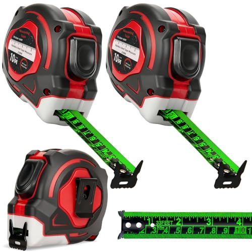 Mètre ruban de 10 m, largeur 25 mm, ruban de mesure de précision en acier inoxydable, rétractable double face gradué, mesure autobloquante facile à lire (lot de 2)