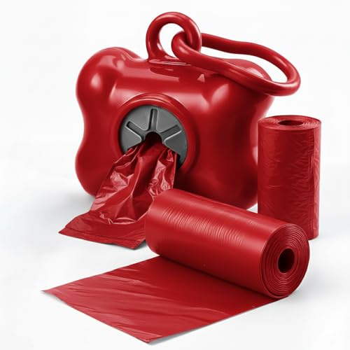 MOLY 40 Bolsas Excrementos Perros + Dispensador Hueso con Mosquetón Rojo | Pack Bolsas Basura, Heces, Cacas para Perro | Bolsitas 35 x 23 Sin Fugas, Resistentes y Sin Fragancia