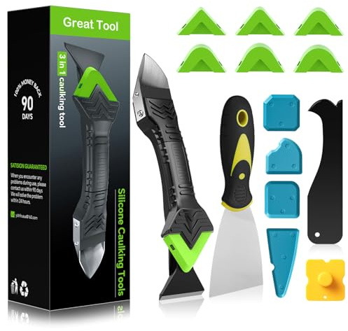 Silicone Caulking Tool Kit 3 in 1, Grout Caulk Sealant Remover with Smoothing & Finishing Tool, 6 Reusable Exchange Pads and Grout Scraper for Kitchen, Bathroom, Window, Floor, Sink, Tile Joint