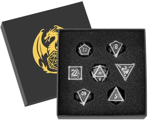 Set di Dadi in Metallo D&D, Modello del Drago, 7 pezzi di Dadi Poliedrici in Metallo, RPG, MTG, Accessori per Giochi di Ruolo, Regali DND con Scatola Regalo, D20, D12, 2 D10 (00-90 e 0-9), D8, D6 e D4