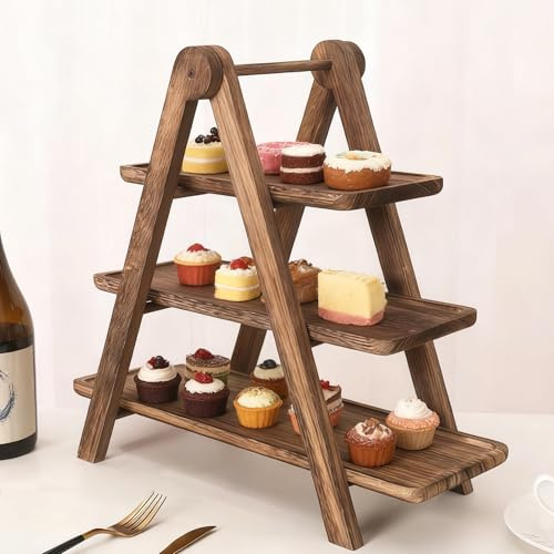 BAIFULAI Soporte de 3 niveles de madera: soporte plegable de madera con platos para servir 24 cupcakes, soporte para cupcakes de 3 niveles, soporte de madera para postres, tartas, accesorios de buffet