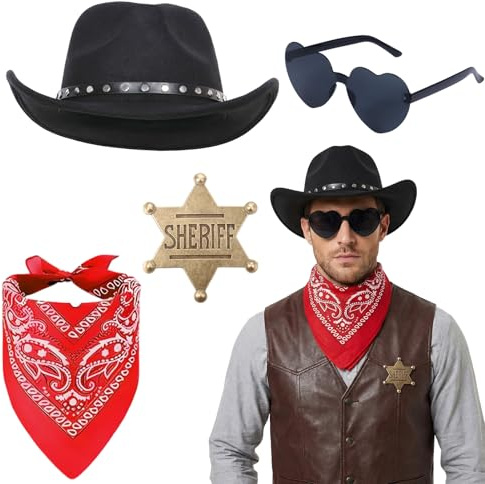 HarnyLoom Cowboy Hut Damen Herren Cowboyhut mit Herzförmige Brille Bandanas Anstecker, Cowboyhüte Outfits Zubehör für Karneval Fasching Halloween (Schwarz)