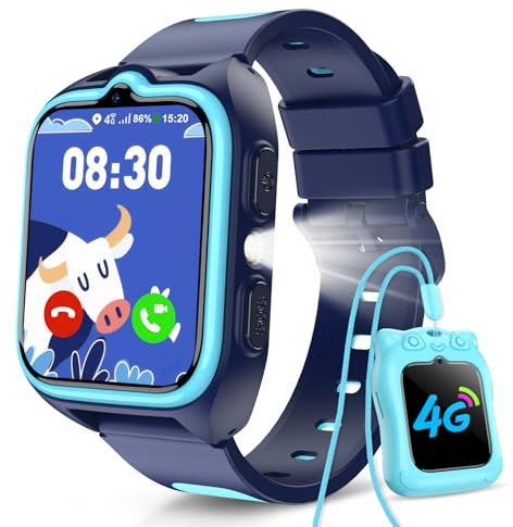 4G Montre Connectée Enfant GPS, SOS, Appel Téléphonique & Vidéo, Mode École | Carte SIM Compatible, Chat Vocal, Lampe Torche, Podomètre, 2 Modes de Port, IP67, Pour Garçon 4-12 Ans, Ldéal Comme Cadeau