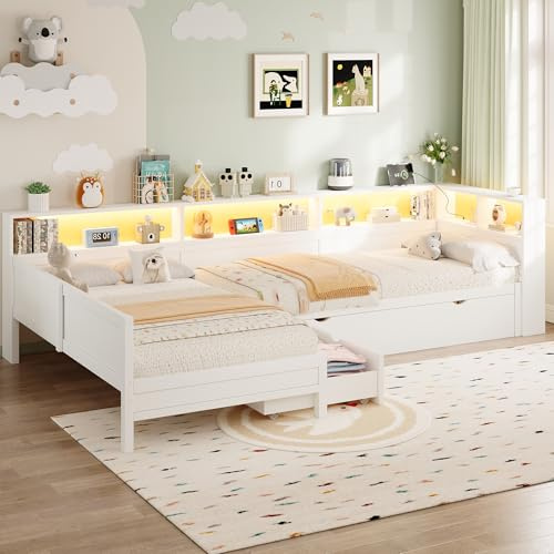 YuQozii Cama de plataforma de madera en forma de L de 90x200 con cama nido y cajón, cama individual y doble en blanco