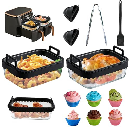 2 stycken Teglia Vetro da Forno, Accessori Friggitrice ad Aria per Ninja AF400EU/AF500EU/DZ400EU med silikonhandtag x 2, silikonborste x 1, tång x 2 och grilltång x 1, avtagbar silikonring (svart)