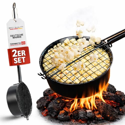 Popcorn Maker Lagerfeuer 2er Set Antihaft aus Carbonstahl-mit Sicherheitsgriff & Gitterdeckel, Outdoor Camping Popcorn Pfanne, Grillpfanne für offenes Feuer, Grill und Feuerschale, frisches Popcorn