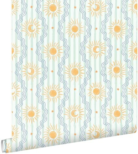 papier peint ornements au style rétro vert menthe, bleu et jaune 50 x 900 cm - ESTAhome