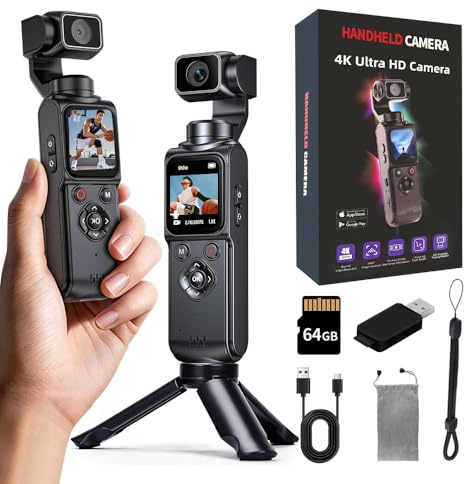 4K Handheld Vlogging Camera with WiFi, Outdoor Pocket Gimbal Camera, 330° Rotating Lens Handheld Video Camcorder, 64MP Fast Focusing Face Tracking, 3-Axis Stabilizer for Travel Vlog (Black, 64G)