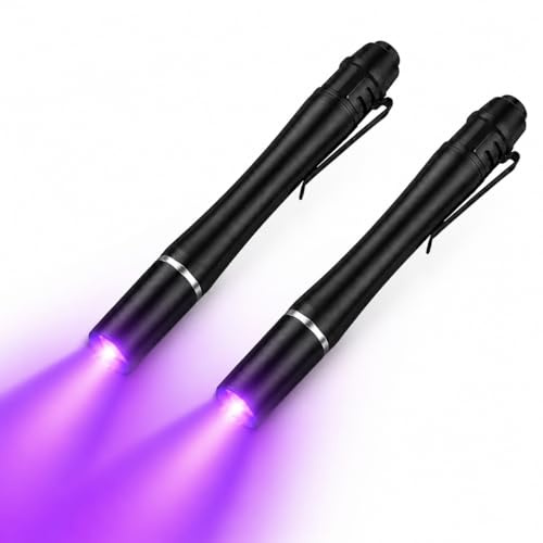sumue 395nm UV Torch, Small LED Black Light Detector with Clip | UV Lights for Pet Urine Detector Stain Bed Bug, Powered by 2 AAA Battery Ultra Violet Torches For Money Chacker Pen 2Pcs