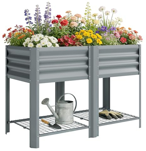 Outsunny Metal Raised Garden Bed with Storage Shelf, Elevated Planter Box with Legs, Bed Liner, Gloves, Raised Planter for Vegetables Flowers Herbs Outdoor