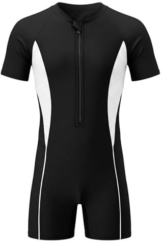 Kids One Piece Swimsuit with Zip, Short Sleeve Rash Guard Style, Stretchy Swimwear for Boys and Girls