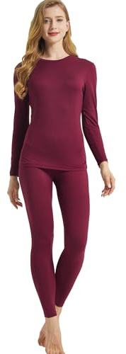 LANBAOSI Ensemble de sous-vêtement Thermique pour Femme Hiver à Manches Longues Couche de Base Haut et Pantalon Leggings, Bordeaux, M