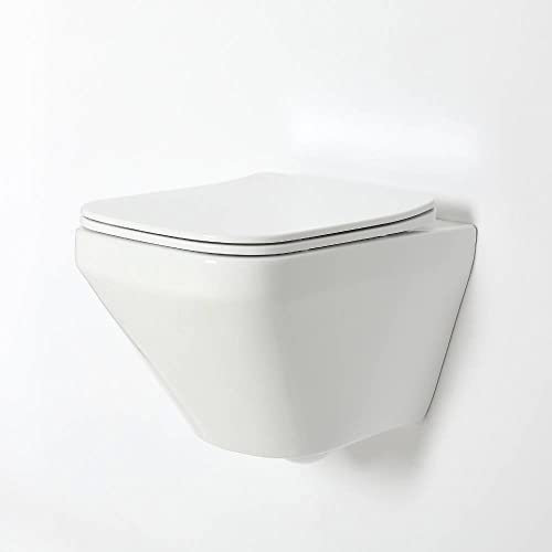 Milano Farington Modern White Ceramic Wall Hung Square Rimless Toilet WC Soft Close Seat