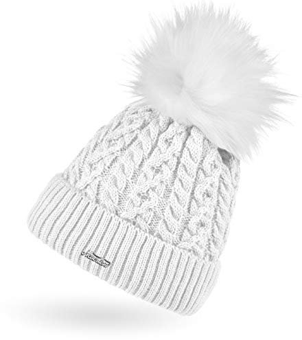 Neverless® Damen Strick-Mütze gefüttert Fell-Bommel Kunstfell Bommelmütze Zopfstrickmuster Umschlag weiß