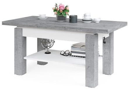 Schöner All4All Couchtisch Bresso 130x65 - Wohnzimmertisch - Klapptisch - Couchtisch höhenverstellbar - mit Ablagefach - Sofatisch mit Stauraum - Beton mit Weiß 05 (Beton + Weiß)