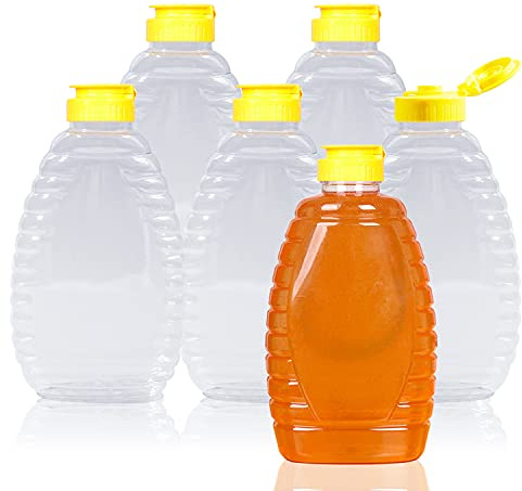 Rocutus Honigglas Honigflaschen, 6 Stück, 425 ml, Kunststoff, leer, Quetsch-Honigflasche mit auslaufsicheren Klappdeckeln zur Aufbewahrung und Dosierung