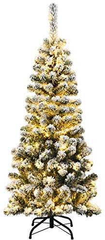 COSTWAY Árbol de Navidad Nevado con Luces 135cm, Arbol de Navidad Slim/Estrecho con Luces Incorporadas, 150 Luces LED Cálidas, Arvore de Natal con 242 Ramas de PVC (135 cm Luces)