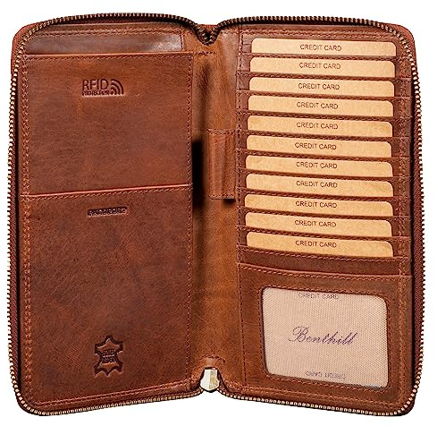 Benthill Reisebrieftasche aus echtem Leder - Travel Wallet/Dokumententasche - Organizer - RFID Große Echt-Leder Geldbörse, Farbe:Braun