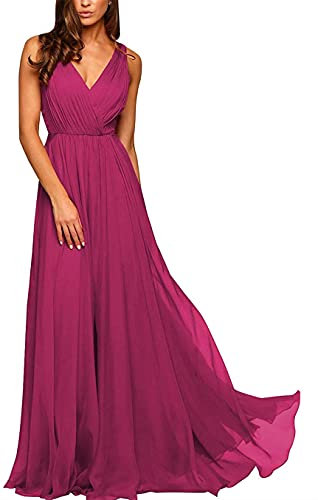 KURFACE Vestidos de dama de honor de boda para mujeres jóvenes, hasta el suelo, cuello en V, vestidos de dama de honor, fucsia, 46