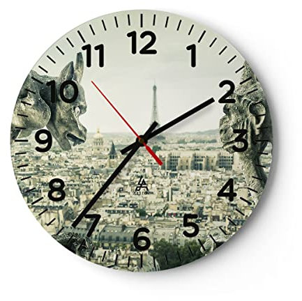 Modern Wanduhr Wasserspeier Paris Notre-Dame 40x40cm Rund Groß Wand Uhr Glas Analog Zimmeruhren Küche Büro Wohnzimmer Glasuhr Wall Clock Dekoration Design Wanddekoration Küchenuhr C4AR40x40-4544