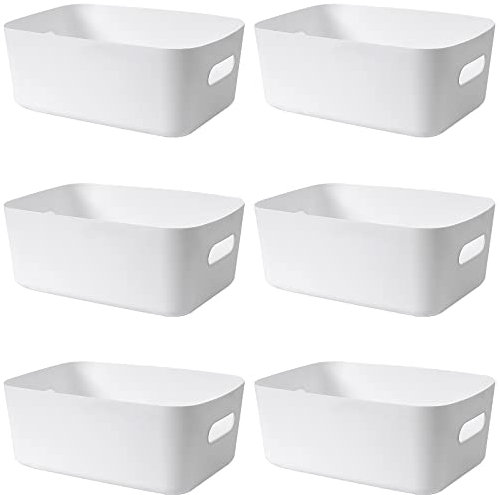 Mofeisor 6 Packs Plastic Storage Baskets with Handles, Cupboard Storage Boxes for Bathroom, Office, Kitchen Organiser Storage Box, White, 25 x 17.5 x 10 cm