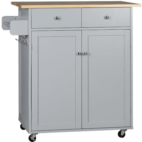 HOMCOM Rolling Kitchen Island on Wheels Rubber Wood Top Towel Rack Grey | Utility Serving Cart, Hooks, Storage Drawers
