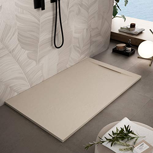Luminosa ArredoBagno Duschwanne aus Marmorfaser 90 x 140 cm – Anti-Rutsch-Stein-Effekt mit GelCoat – Modell Venedig, Farbe Creme – Gitter-Design, inklusive Abfluss