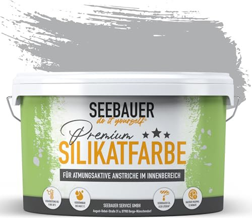 SEEBAUER diy Silikatfarbe Grau 2,5L für Innen (No. 220 Grey Stone) Atmungsaktive Mineralfarbe für Allergiker - Abwaschbare Wandfarbe - Grautöne hohe Deckkraft